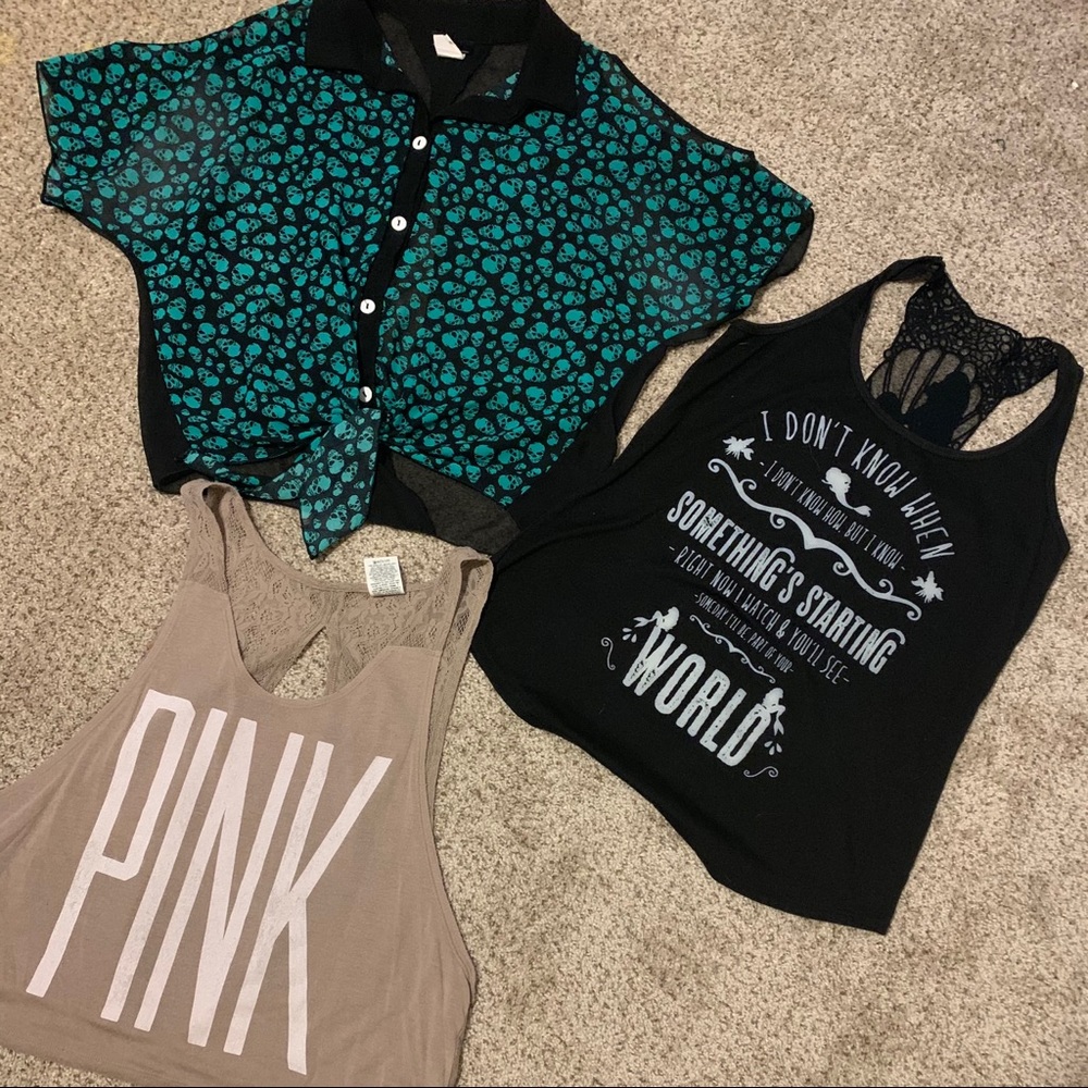 3 tops, PINK, Skull, and Ariel